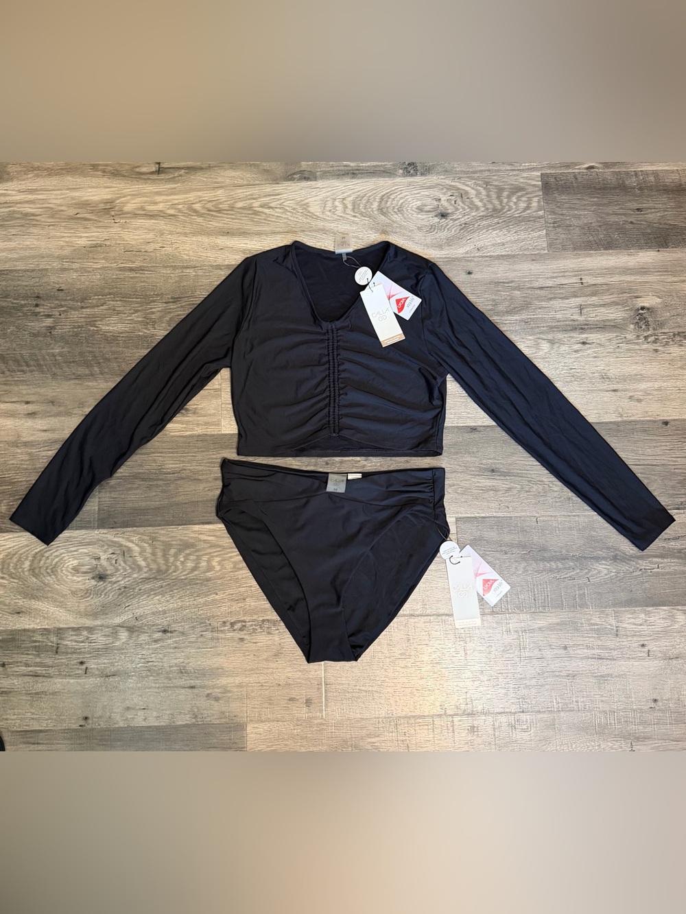 CALIA Pure Black Long Sleeve Ruched Rashguard V-Front Swim Bottom Set M